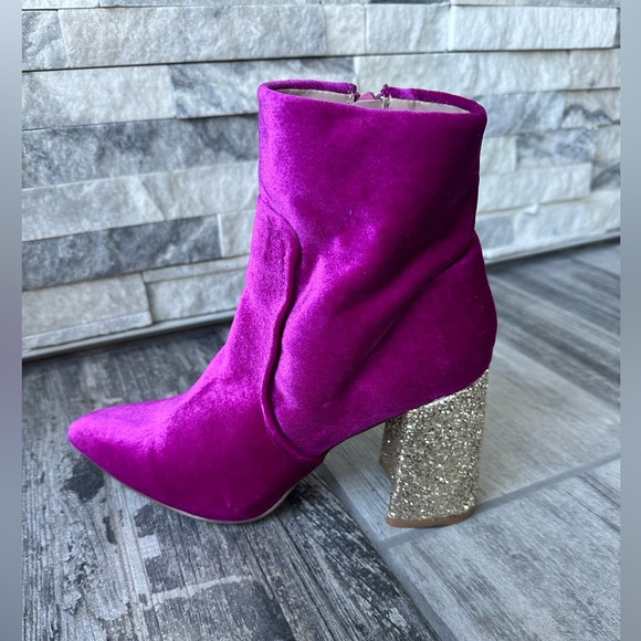 Betsey Johnson Kacey Pink Magenta  Velvet Gold Glitter Chunky Block Heel  Sz 7.5 - Picture 5 of 14